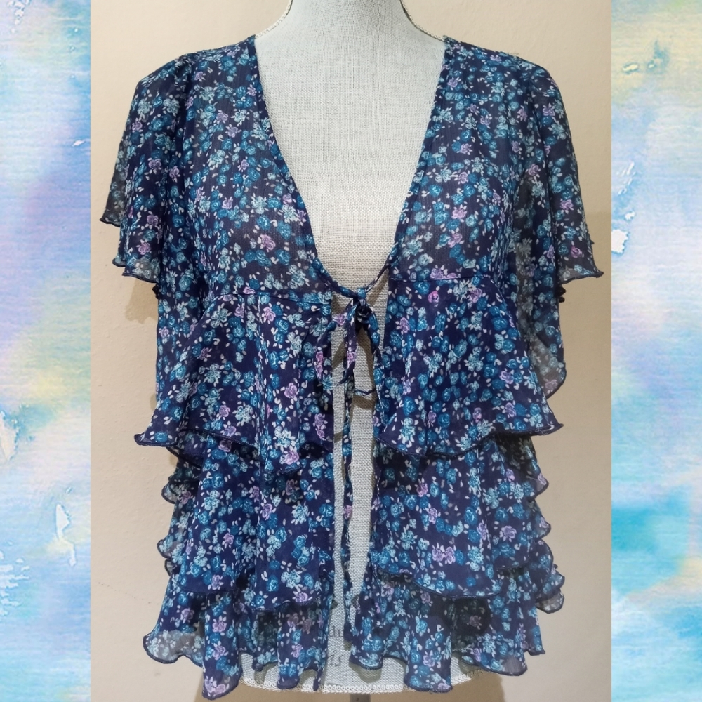 Floral Tiered Ruffle Tie-Front Sheer Blouse